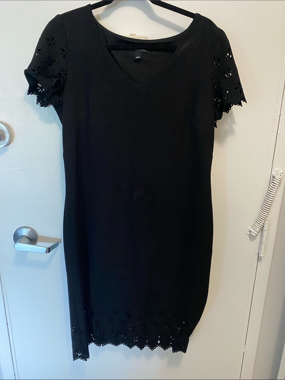 Roz & Ali Black V-Neck Eyelet Trim Mini Dress